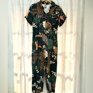 Farm Rio JUNGLE denim jumpsuit boiler X LARGE floral jungaliatic